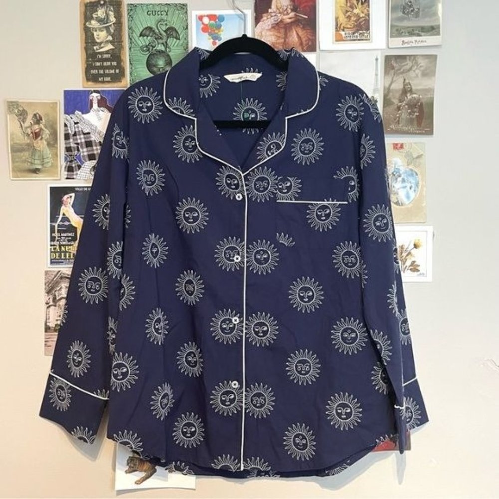 PRINTFRESH SUNRISE EMBROIDERED SUNSHINE COLLARED LONG SLEEVE BUTTON DOWN PAJAMA